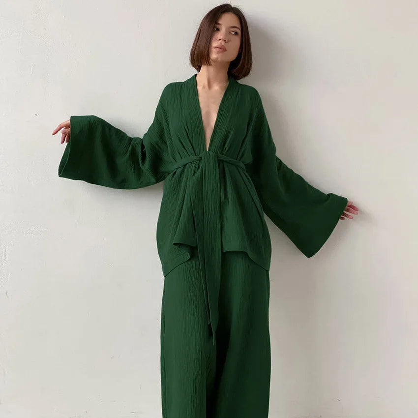 Silk Button-Down Long Sleepwear Set - Dark Green